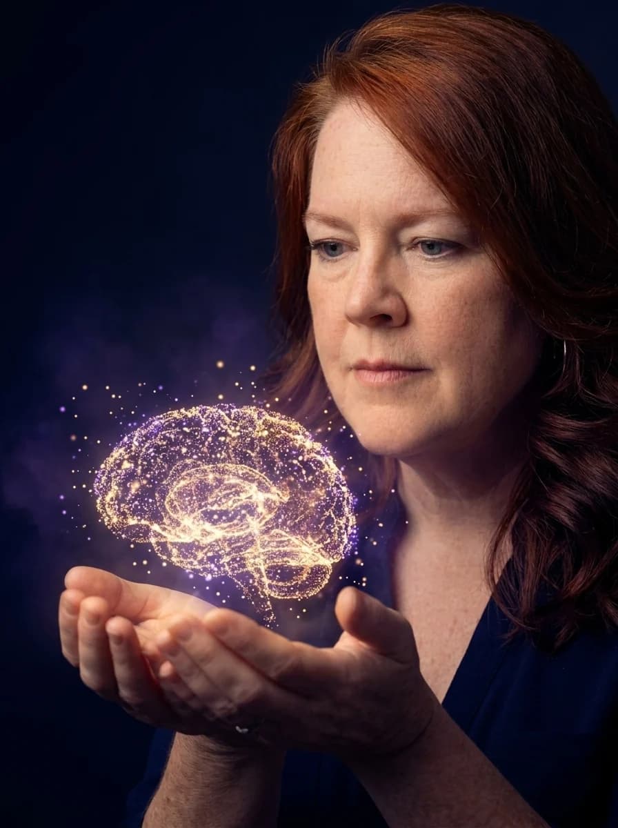 Michelle Anderson cradling a brain formed of glowing violet and gold light