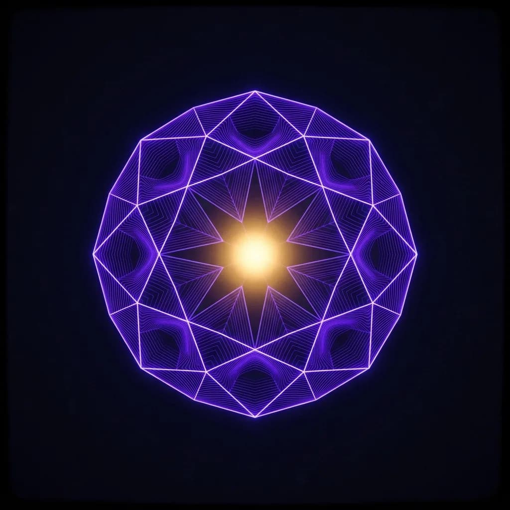 Crystalline gem of glowing violet contour lines with a gold core