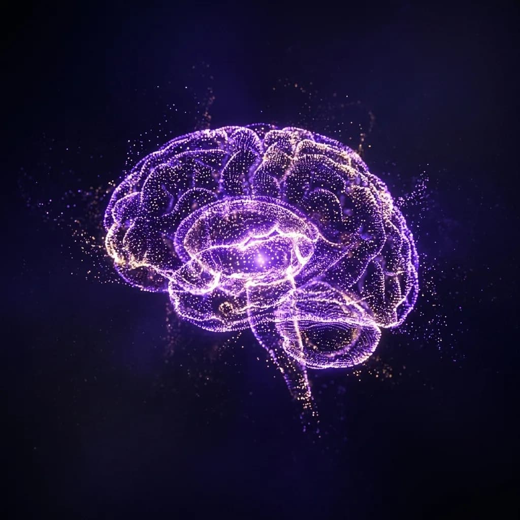 Glowing brain formed of violet and gold light particles