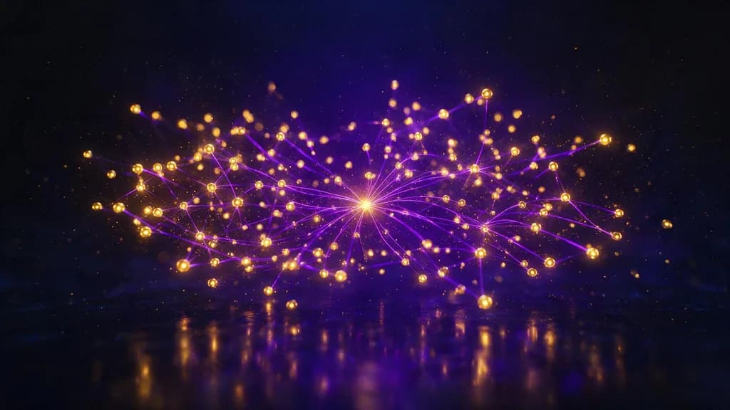 Une constellation de nœuds clients dorés reliés par des fils de lumière violette