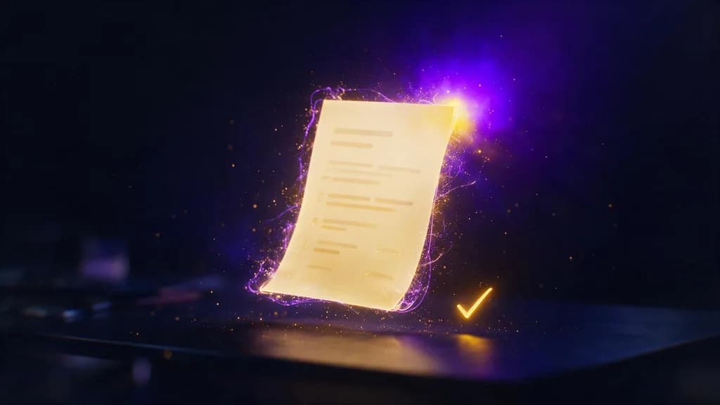 Une facture de lumière qui se dissout en particules dorées au-dessus d’un bureau sombre