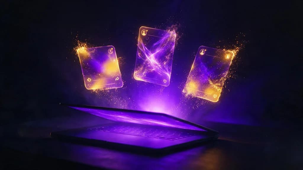 Des publications lumineuses qui s’élèvent d’un écran d’ordinateur, en violet et or