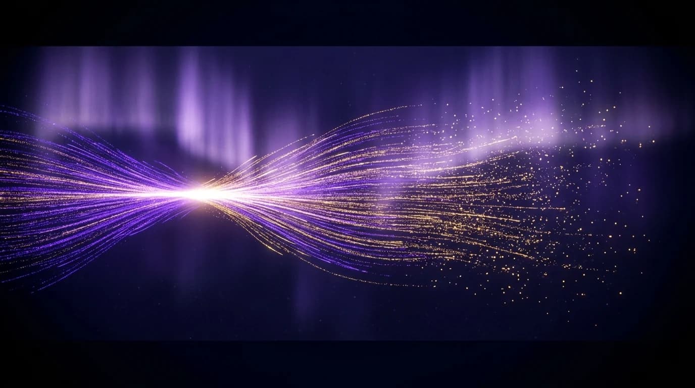 A single point of light spreading into many streams of violet and gold