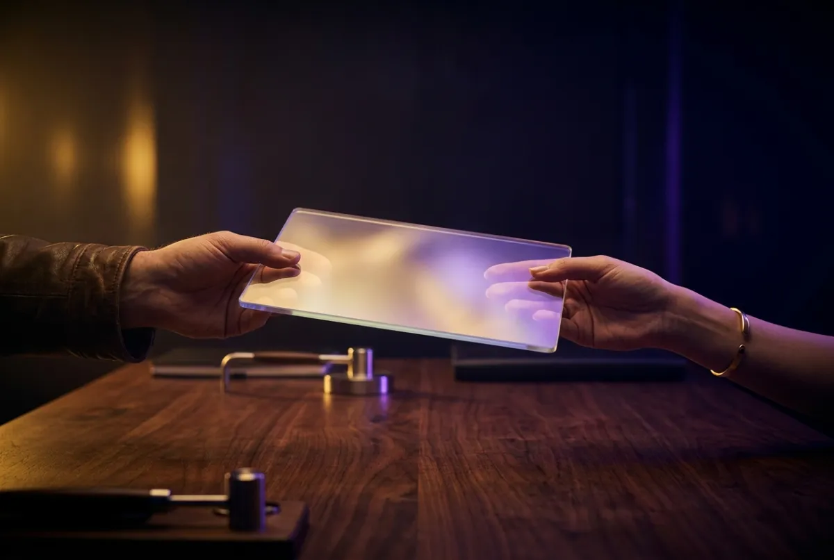 Deux mains se passent une tablette lumineuse sur un bureau