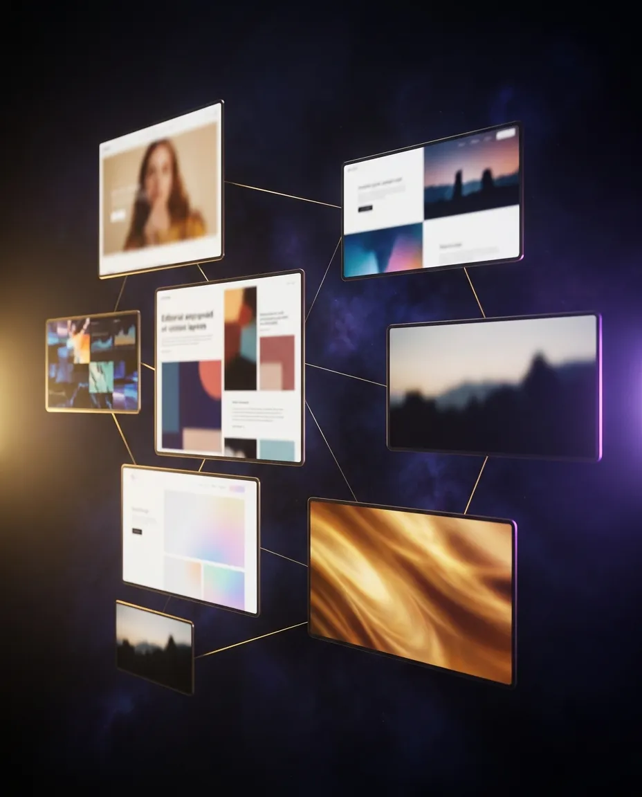 Des pages web flottantes, chacune avec sa propre mise en page, reliées par des lignes dorées