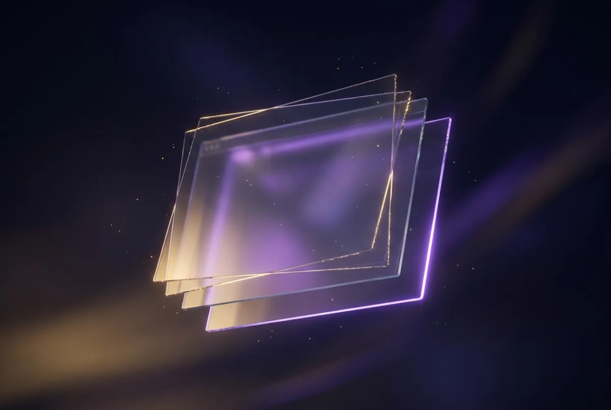 Des panneaux de verre superposés forment une page web, bordés de lumière dorée