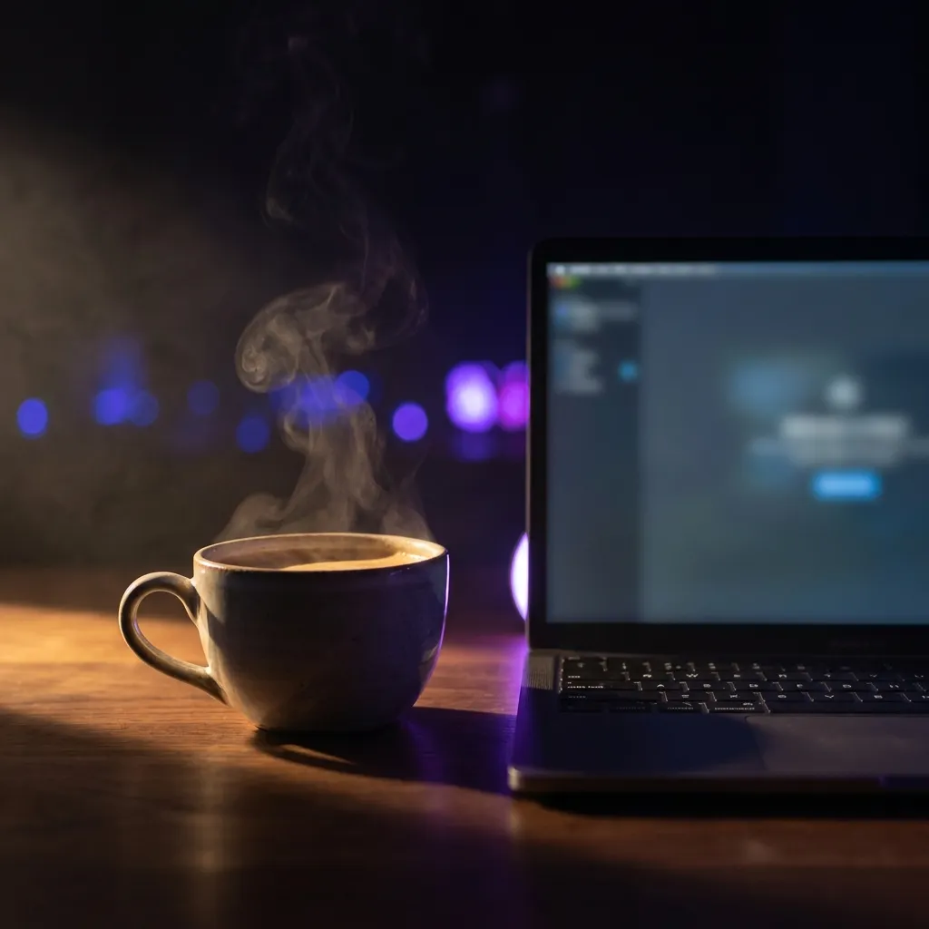 Une tasse de café fumante dans une lumière chaude, à côté d’un ordinateur ouvert