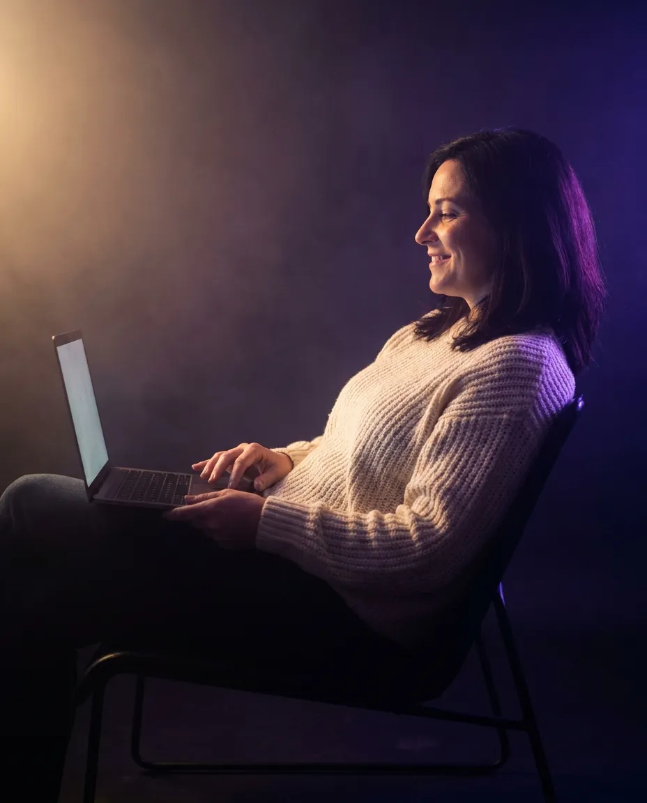 Une fondatrice se recule de son ordinateur avec un sourire détendu