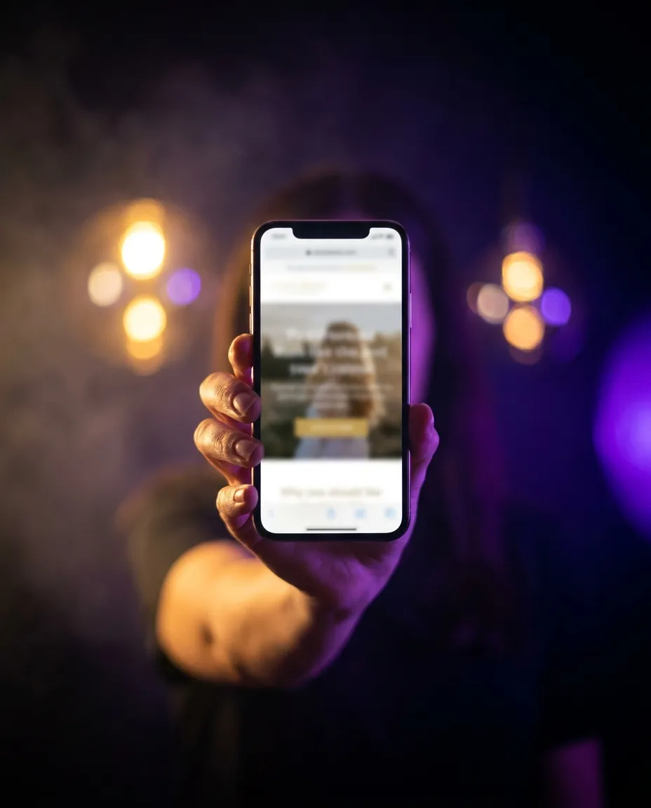 Une main tient un téléphone qui affiche un site terminé