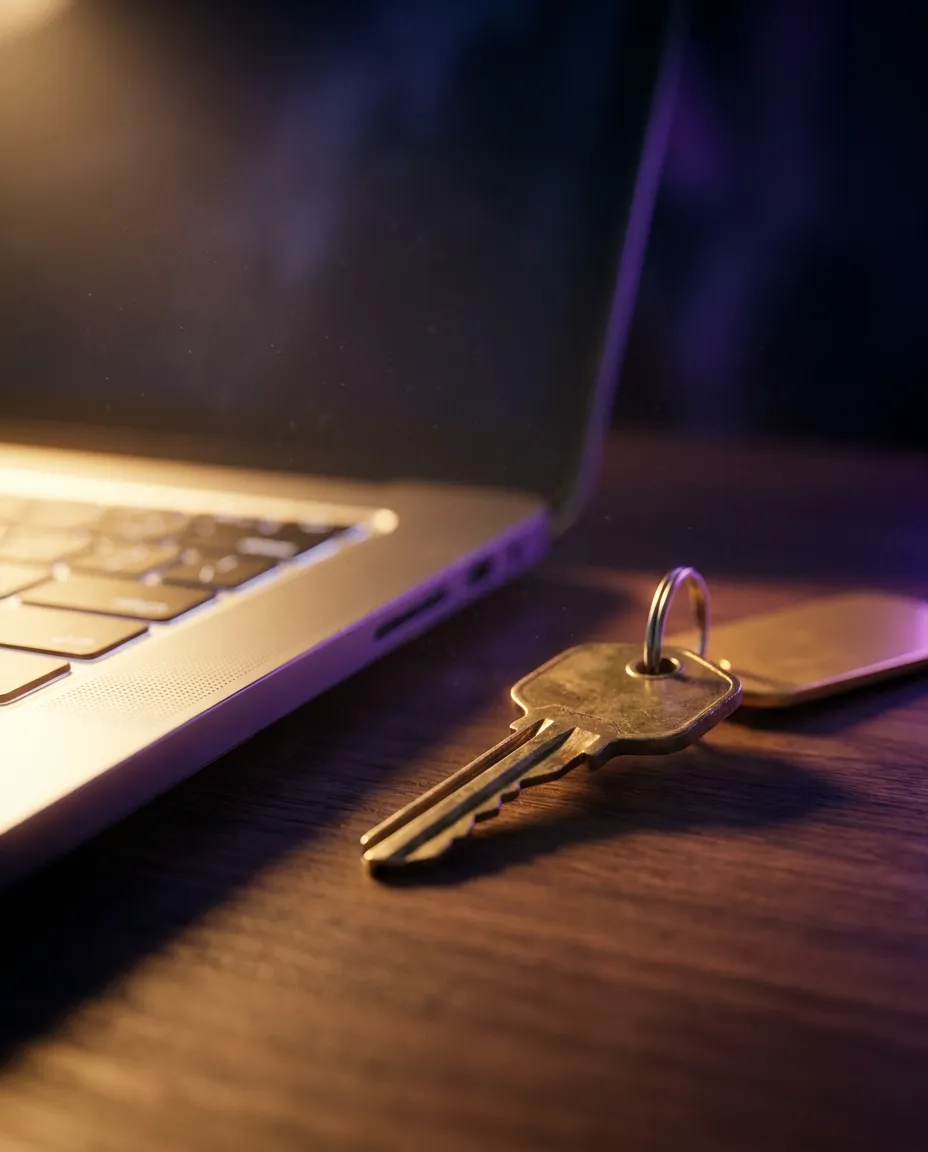 Une clé en laiton à l’étiquette dorée près du clavier lumineux d’un ordinateur