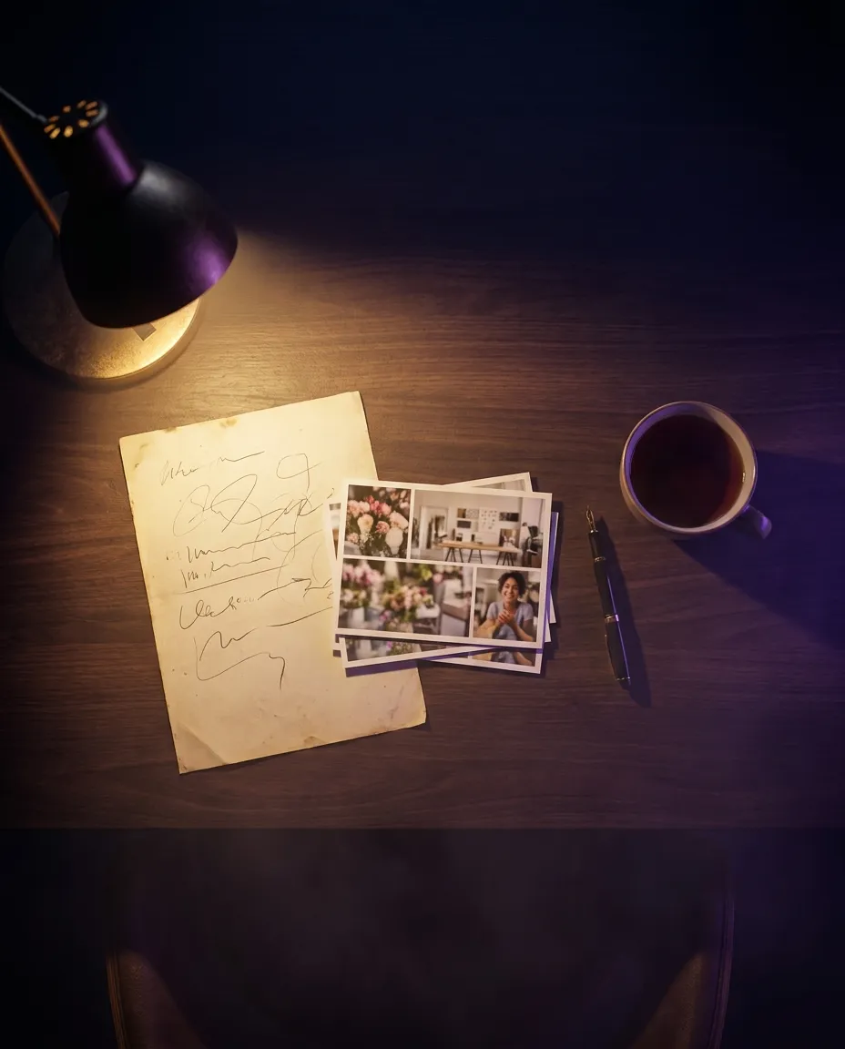 Un brief manuscrit et des photos imprimées sous une lampe de bureau chaude