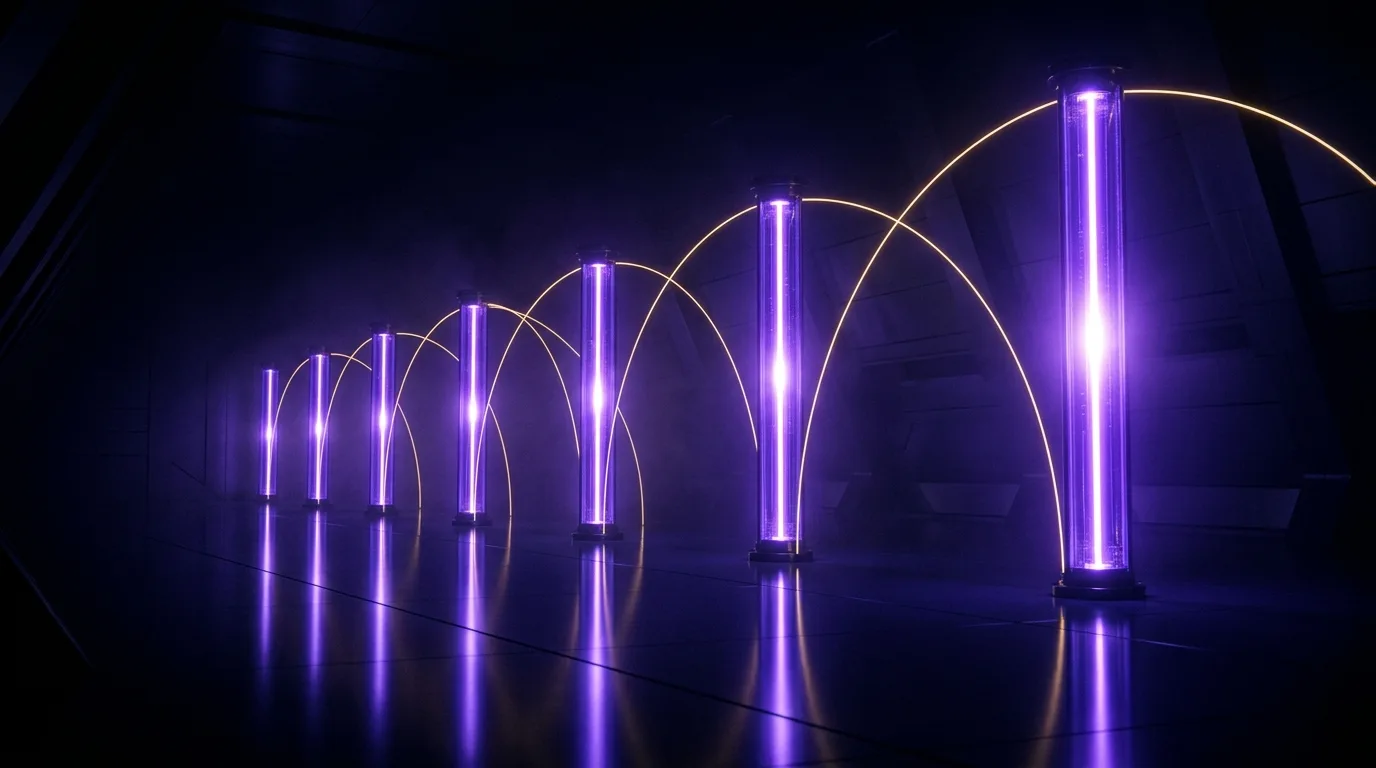 Seven columns of violet light connected by arcs of gold