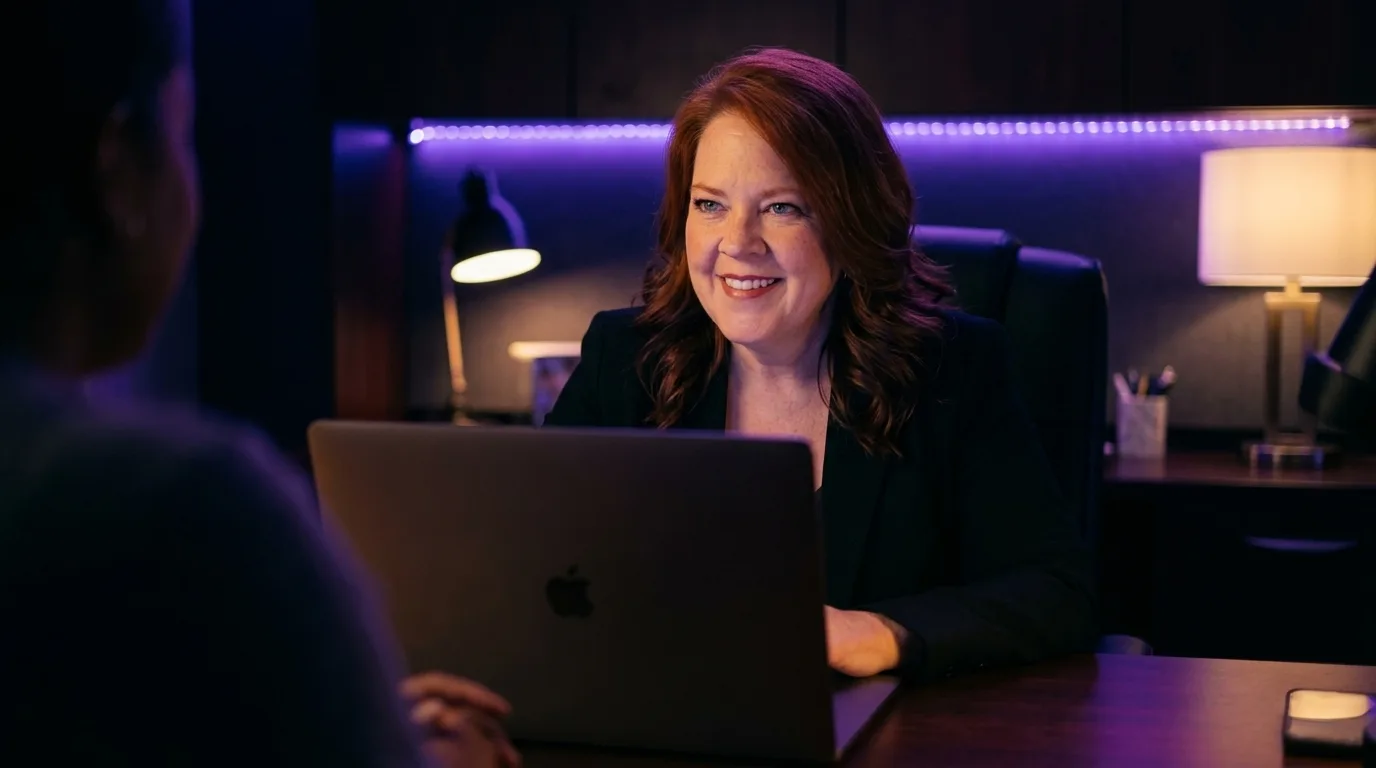 Michelle Anderson accompagne une cliente sur Claude, à un bureau sombre