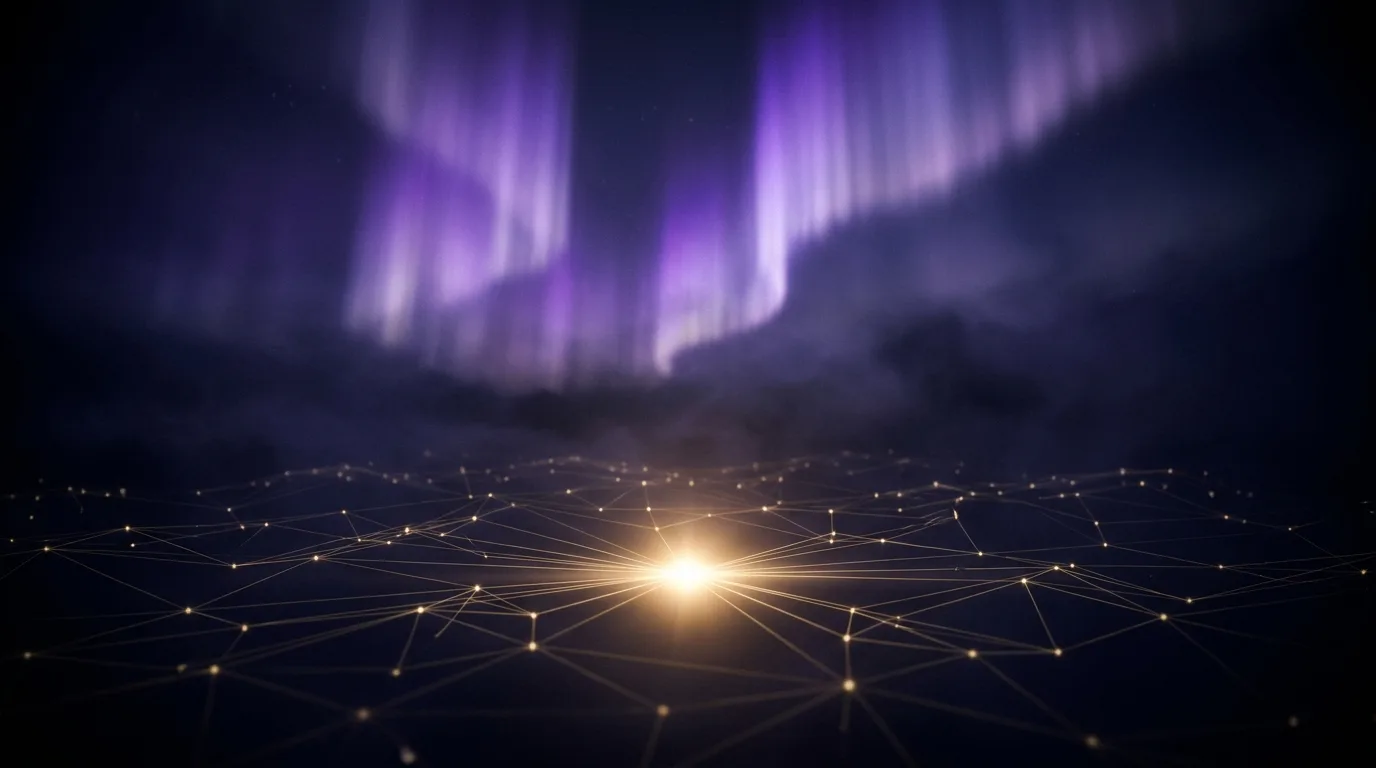 Une aurore lumineuse au-dessus d’un réseau de nœuds dorés convergeant vers un cœur unique