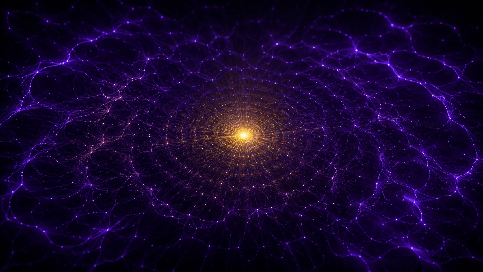 AI system spreading from a single point — violet and gold network